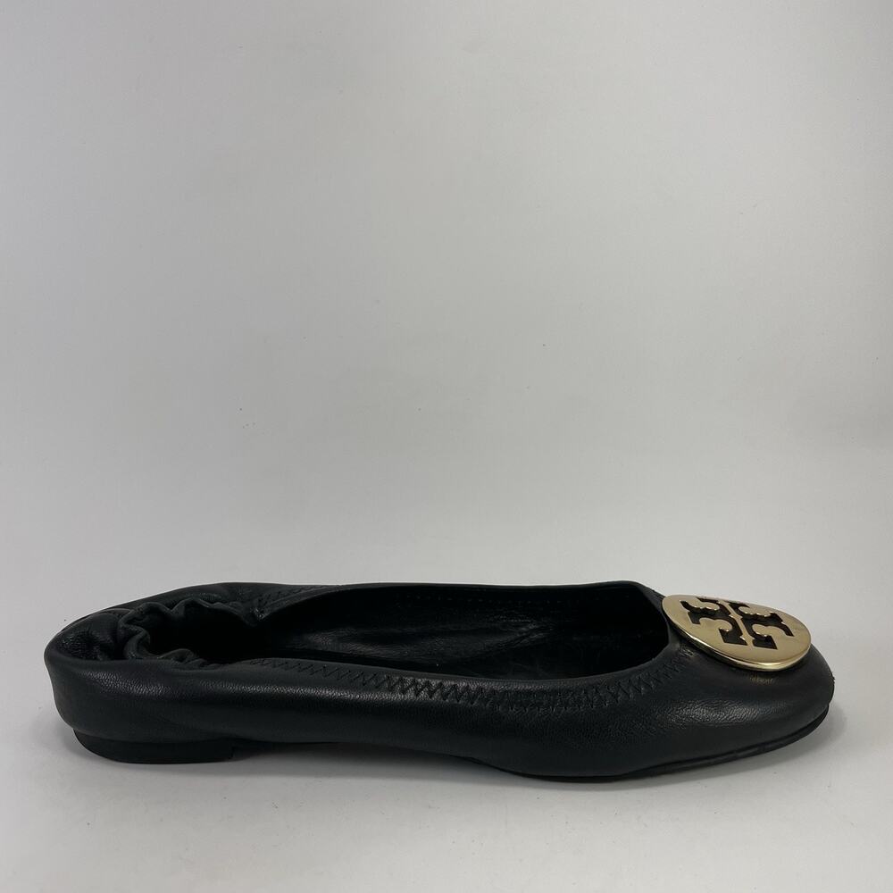 Tory Burch Minnie Travel Ballet Flat Black Leather Slip On Womens Size 8 Logo